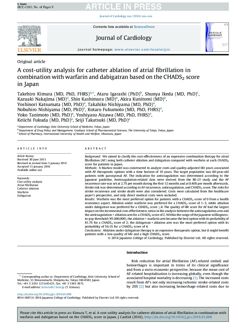 A cost-utility analysis for catheter ablation of atrial fibrillation in combination with warfarin and dabigatran based on the CHADS2 score in Japan