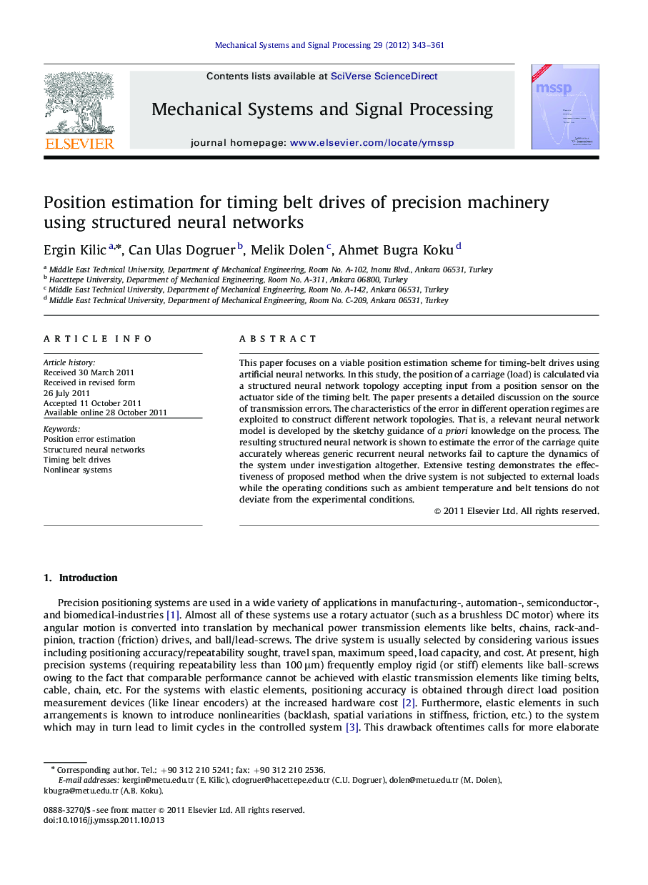 Position estimation for timing belt drives of precision machinery using structured neural networks