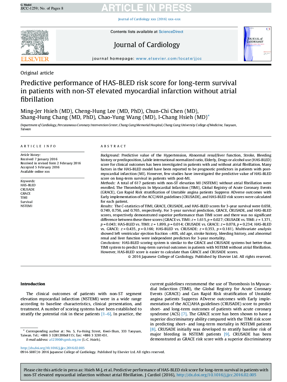 Predictive performance of HAS-BLED risk score for long-term survival in patients with non-ST elevated myocardial infarction without atrial fibrillation