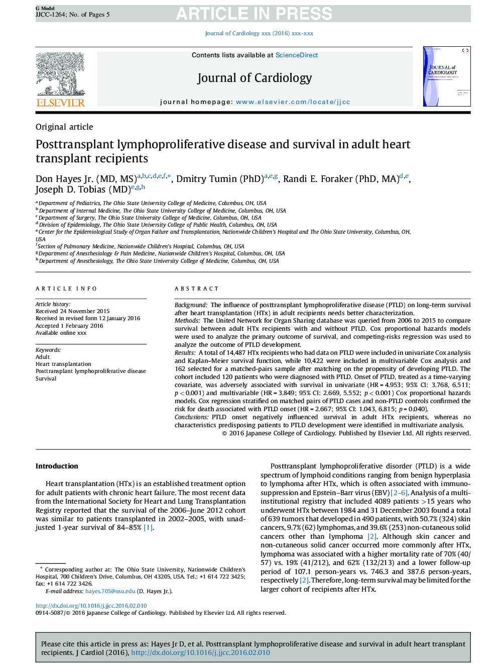 Posttransplant lymphoproliferative disease and survival in adult heart transplant recipients