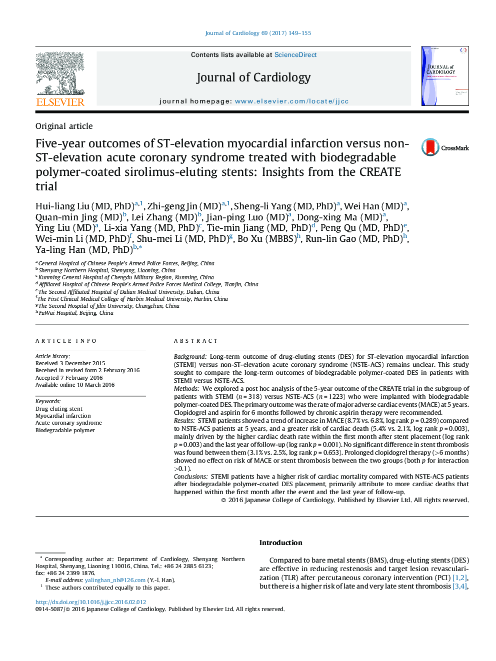 Five-year outcomes of ST-elevation myocardial infarction versus non-ST-elevation acute coronary syndrome treated with biodegradable polymer-coated sirolimus-eluting stents: Insights from the CREATE trial