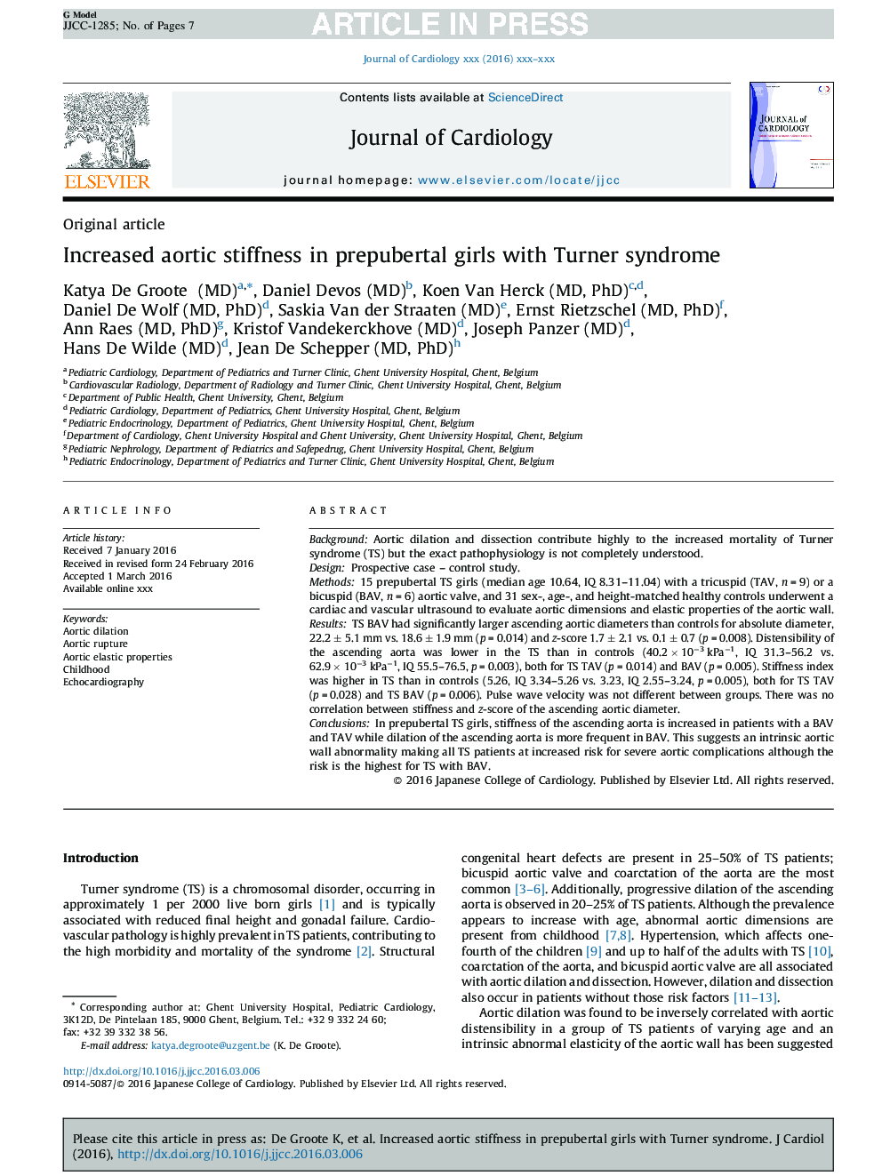 Increased aortic stiffness in prepubertal girls with Turner syndrome