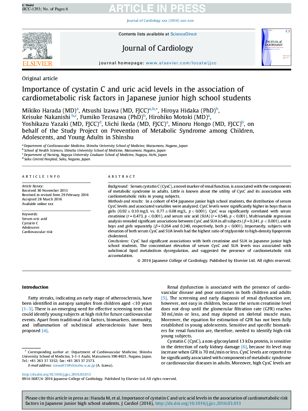 Importance of cystatin C and uric acid levels in the association of cardiometabolic risk factors in Japanese junior high school students