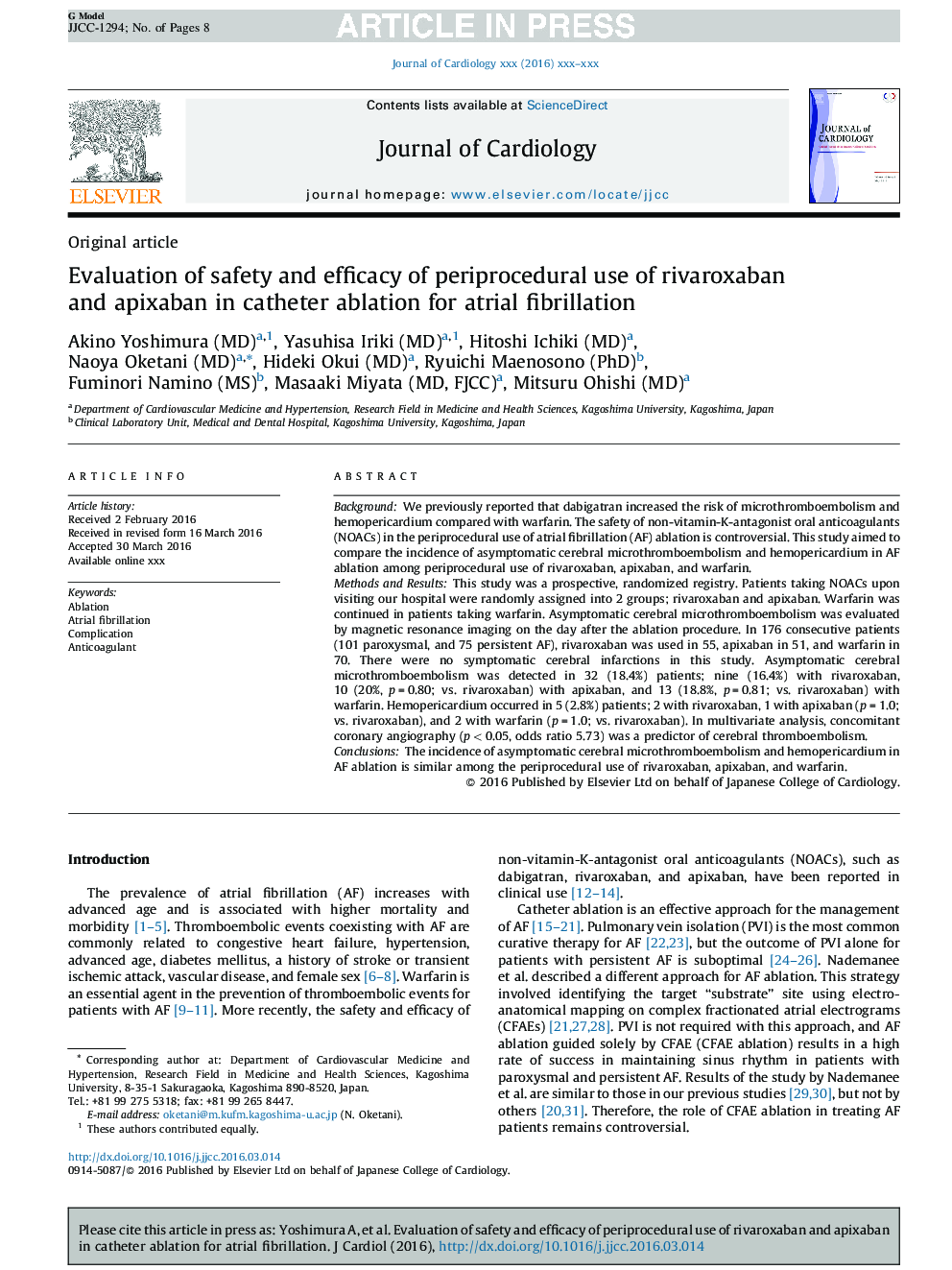 Evaluation of safety and efficacy of periprocedural use of rivaroxaban and apixaban in catheter ablation for atrial fibrillation