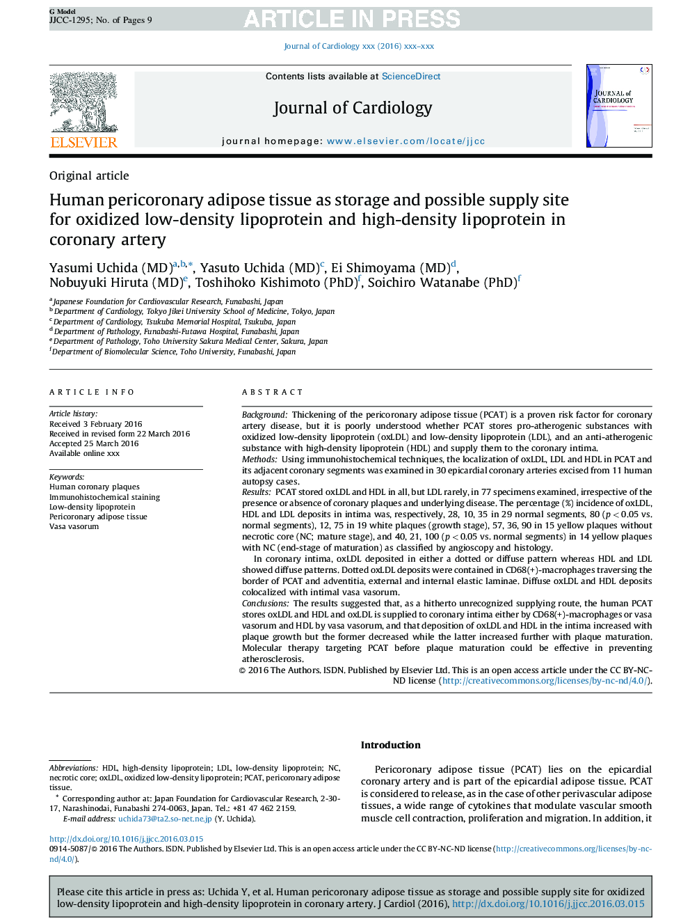 Human pericoronary adipose tissue as storage and possible supply site for oxidized low-density lipoprotein and high-density lipoprotein in coronary artery