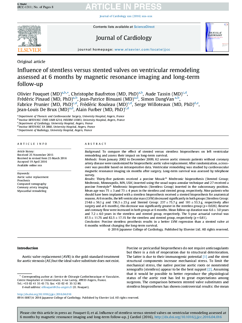 Influence of stentless versus stented valves on ventricular remodeling assessed at 6 months by magnetic resonance imaging and long-term follow-up