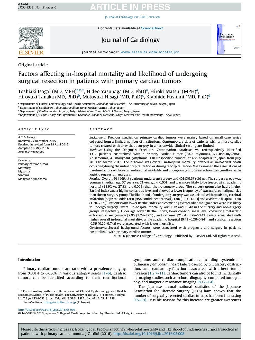 Factors affecting in-hospital mortality and likelihood of undergoing surgical resection in patients with primary cardiac tumors