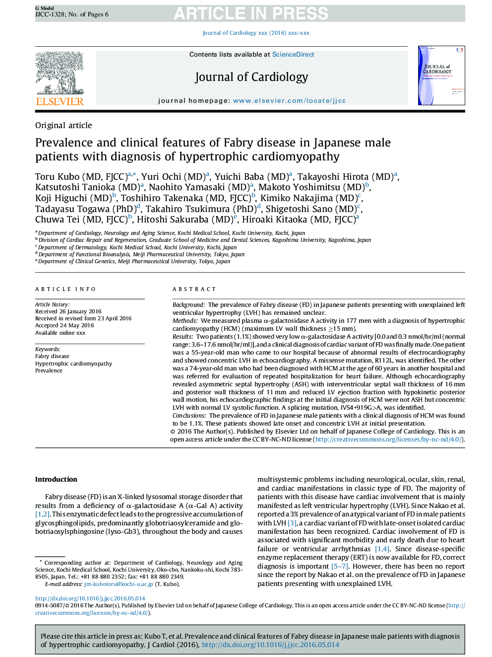 Prevalence and clinical features of Fabry disease in Japanese male patients with diagnosis of hypertrophic cardiomyopathy