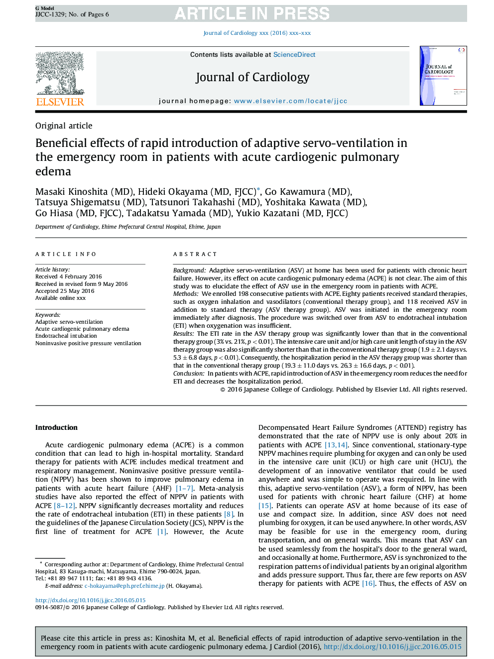 Beneficial effects of rapid introduction of adaptive servo-ventilation in the emergency room in patients with acute cardiogenic pulmonary edema