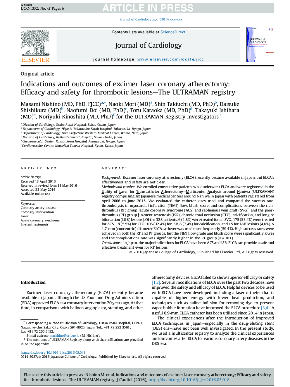 Indications and outcomes of excimer laser coronary atherectomy: Efficacy and safety for thrombotic lesions-The ULTRAMAN registry