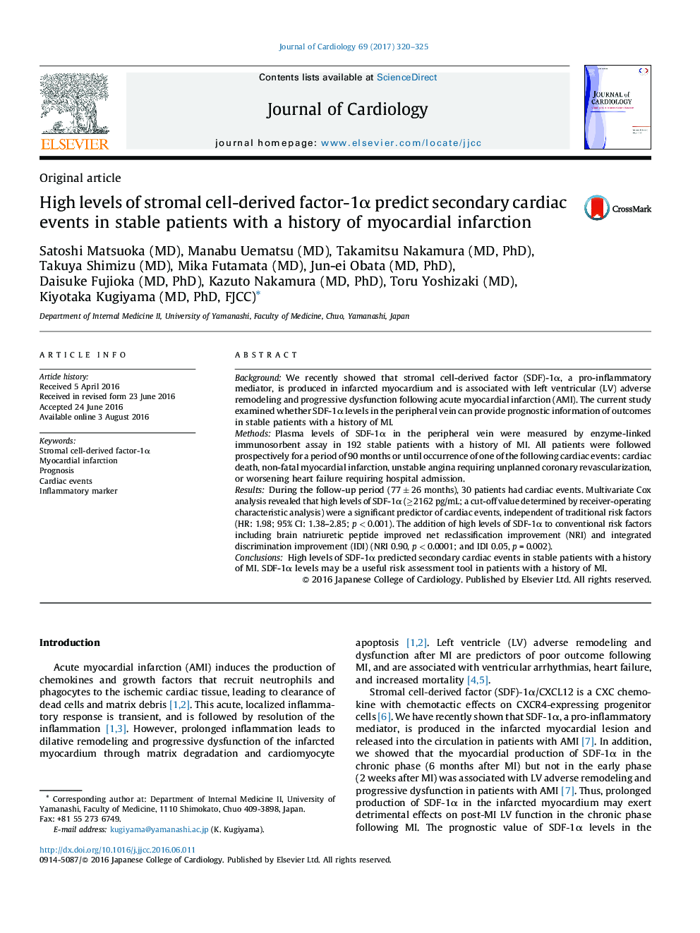 Original articleHigh levels of stromal cell-derived factor-1Î± predict secondary cardiac events in stable patients with a history of myocardial infarction