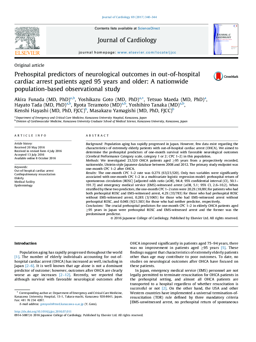 Prehospital predictors of neurological outcomes in out-of-hospital cardiac arrest patients aged 95 years and older: A nationwide population-based observational study