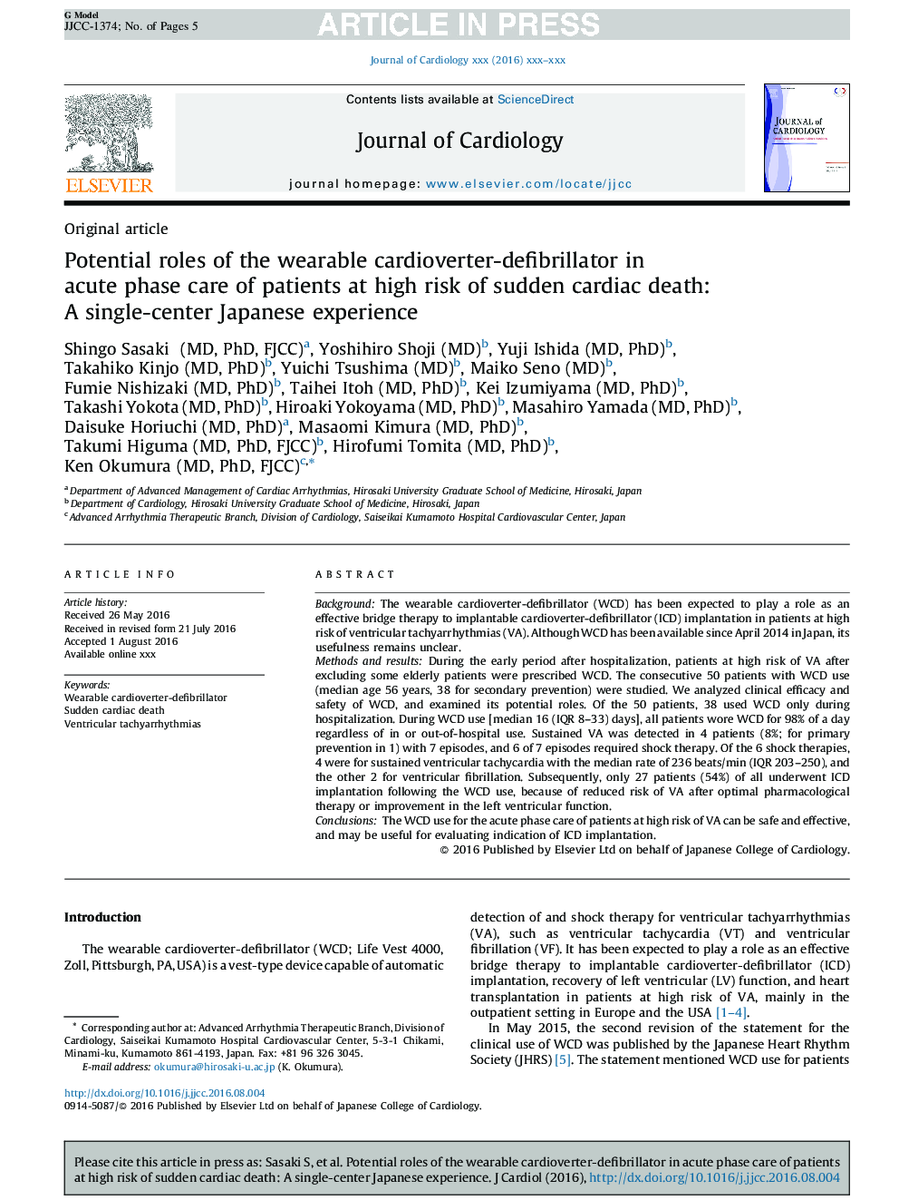 Potential roles of the wearable cardioverter-defibrillator in acute phase care of patients at high risk of sudden cardiac death: A single-center Japanese experience