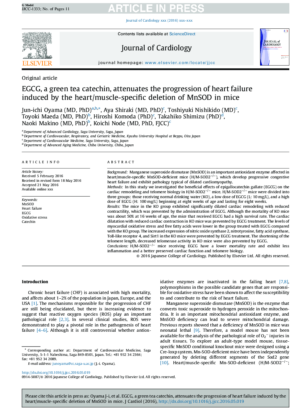 EGCG, a green tea catechin, attenuates the progression of heart failure induced by the heart/muscle-specific deletion of MnSOD in mice