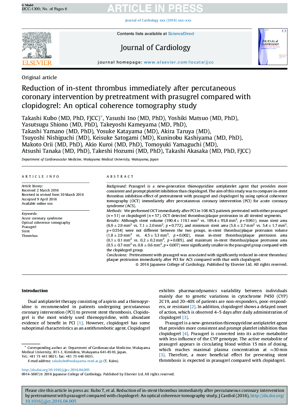 Reduction of in-stent thrombus immediately after percutaneous coronary intervention by pretreatment with prasugrel compared with clopidogrel: An optical coherence tomography study