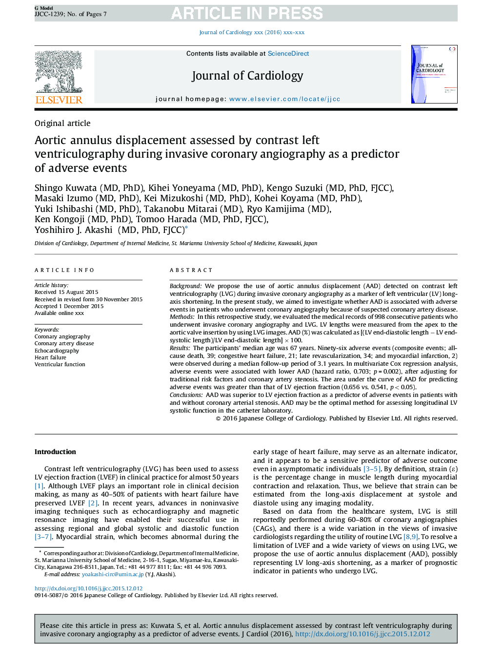 Aortic annulus displacement assessed by contrast left ventriculography during invasive coronary angiography as a predictor of adverse events