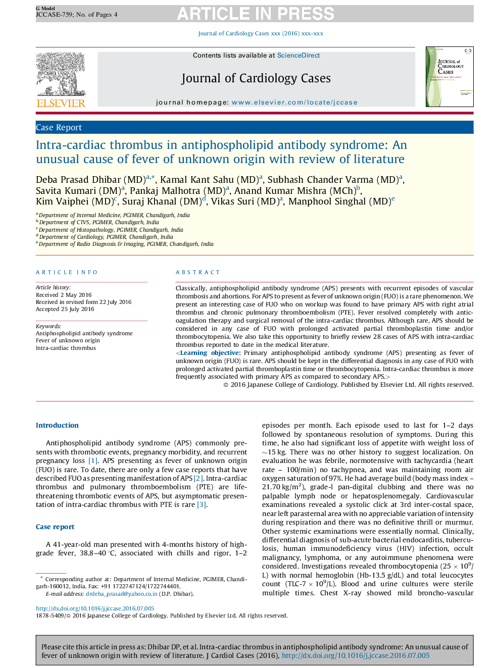 Intra-cardiac thrombus in antiphospholipid antibody syndrome: An unusual cause of fever of unknown origin with review of literature