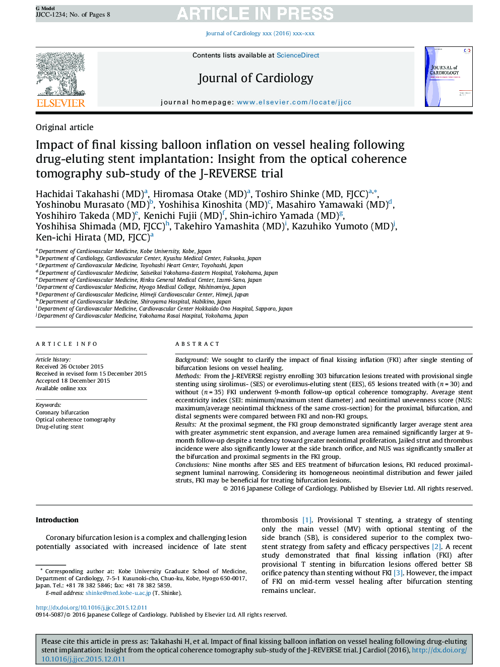 Impact of final kissing balloon inflation on vessel healing following drug-eluting stent implantation: Insight from the optical coherence tomography sub-study of the J-REVERSE trial