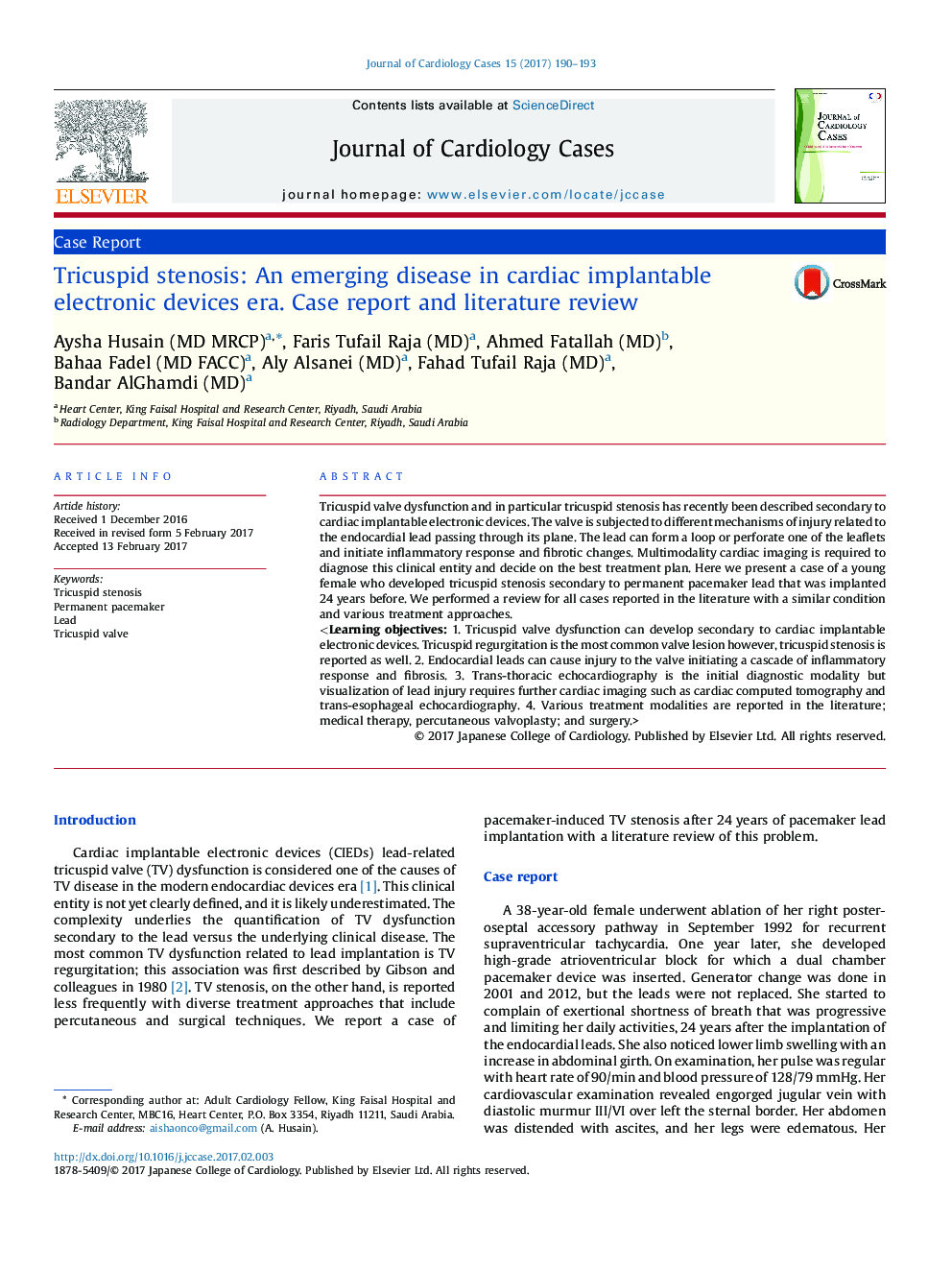 Tricuspid stenosis: An emerging disease in cardiac implantable electronic devices era. Case report and literature review