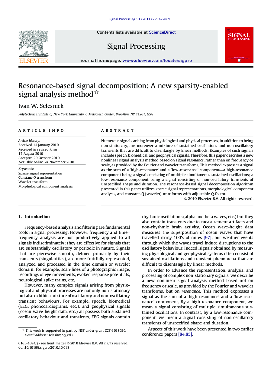 Resonance-based signal decomposition: A new sparsity-enabled signal analysis method 