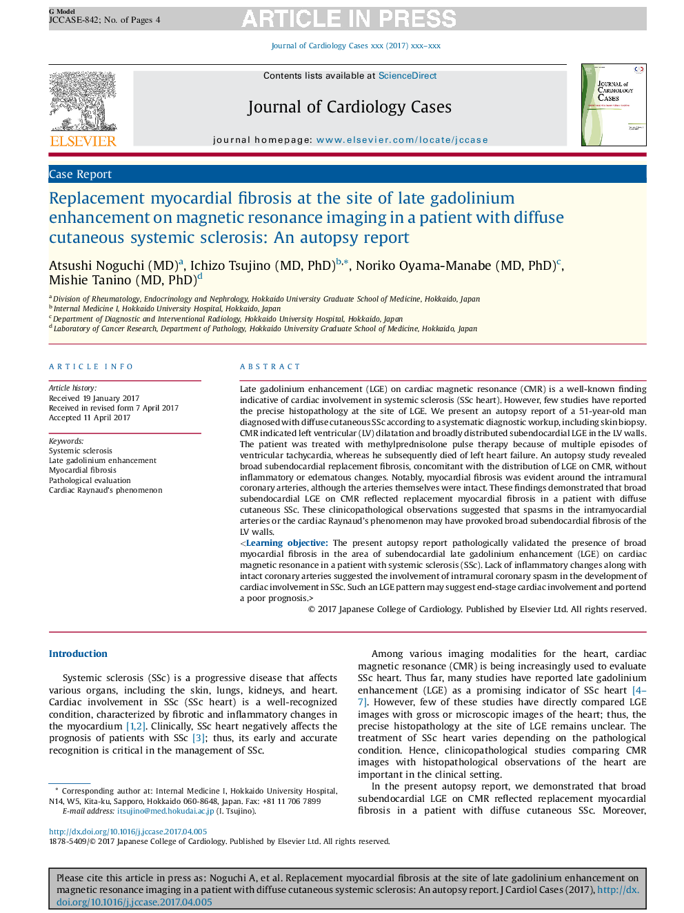 Replacement myocardial fibrosis at the site of late gadolinium enhancement on magnetic resonance imaging in a patient with diffuse cutaneous systemic sclerosis: An autopsy report