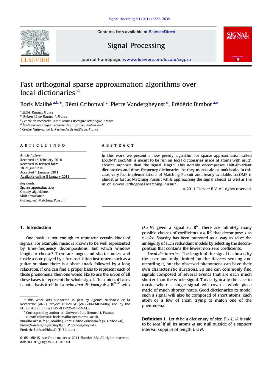 Fast orthogonal sparse approximation algorithms over local dictionaries 