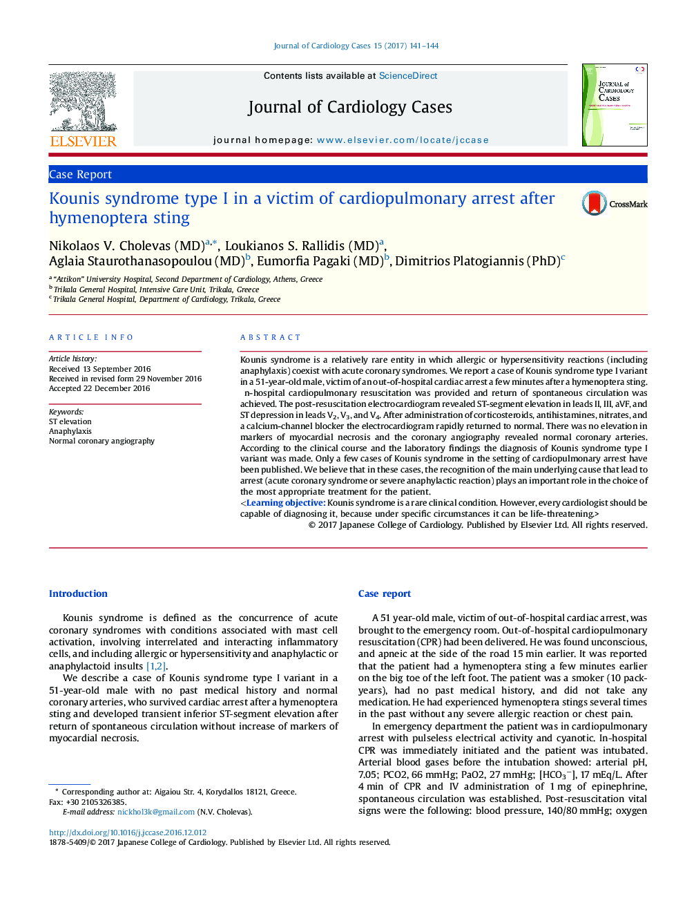 Kounis syndrome type I in a victim of cardiopulmonary arrest after hymenoptera sting