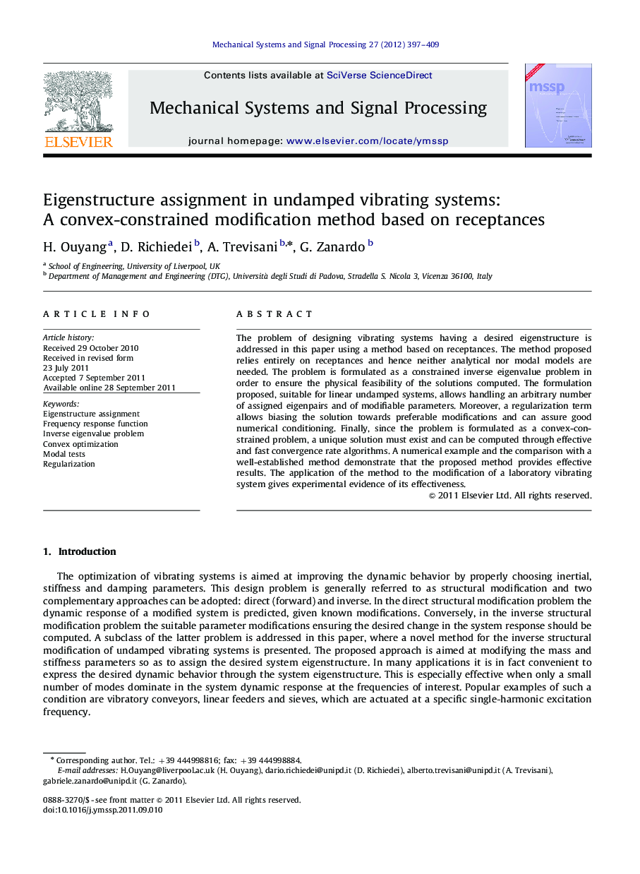 Eigenstructure assignment in undamped vibrating systems: A convex-constrained modification method based on receptances