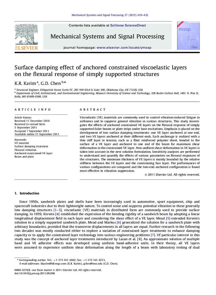 Surface damping effect of anchored constrained viscoelastic layers on the flexural response of simply supported structures