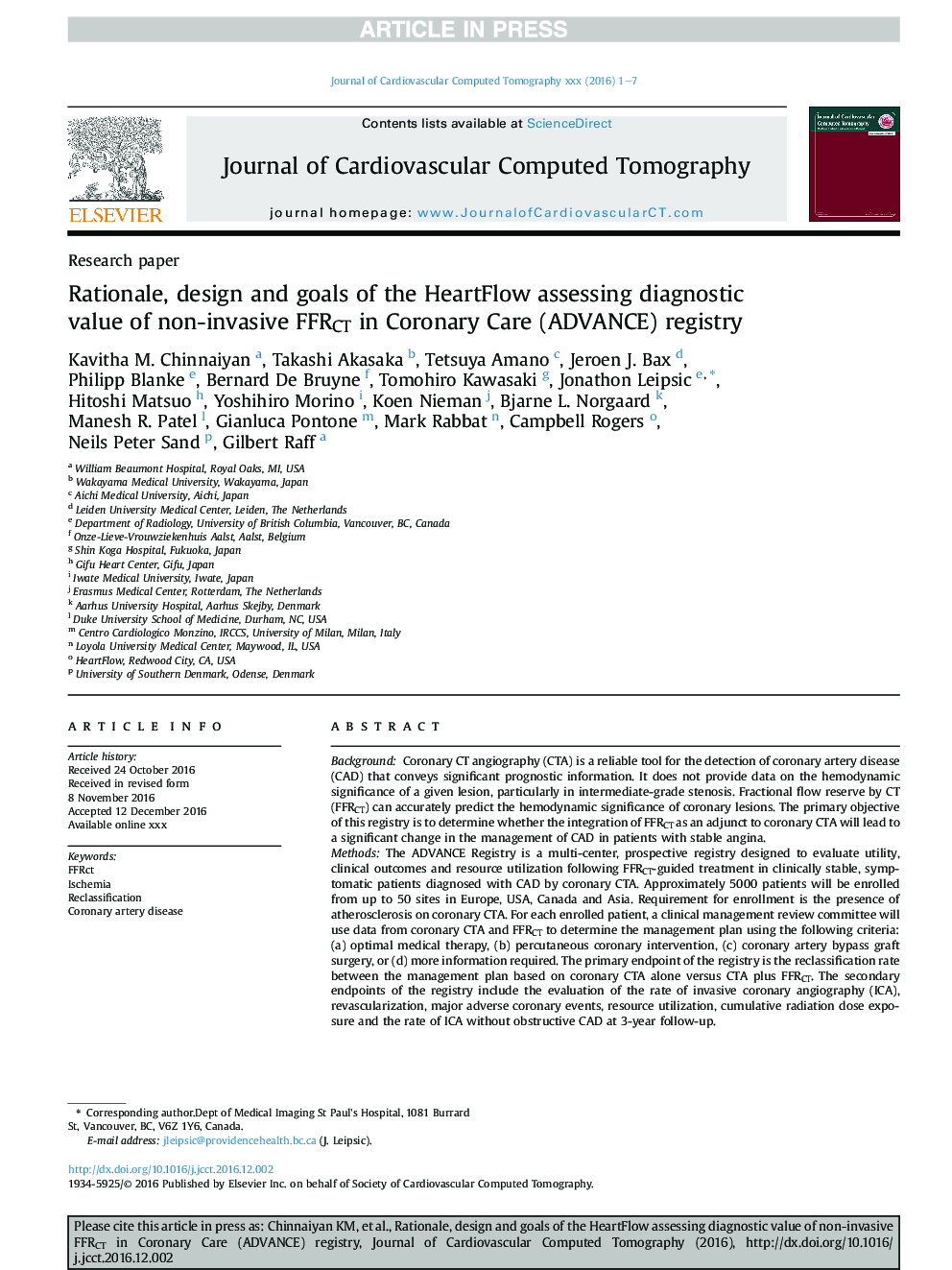 Rationale, design and goals of the HeartFlow assessing diagnostic value of non-invasive FFRCT in Coronary Care (ADVANCE) registry