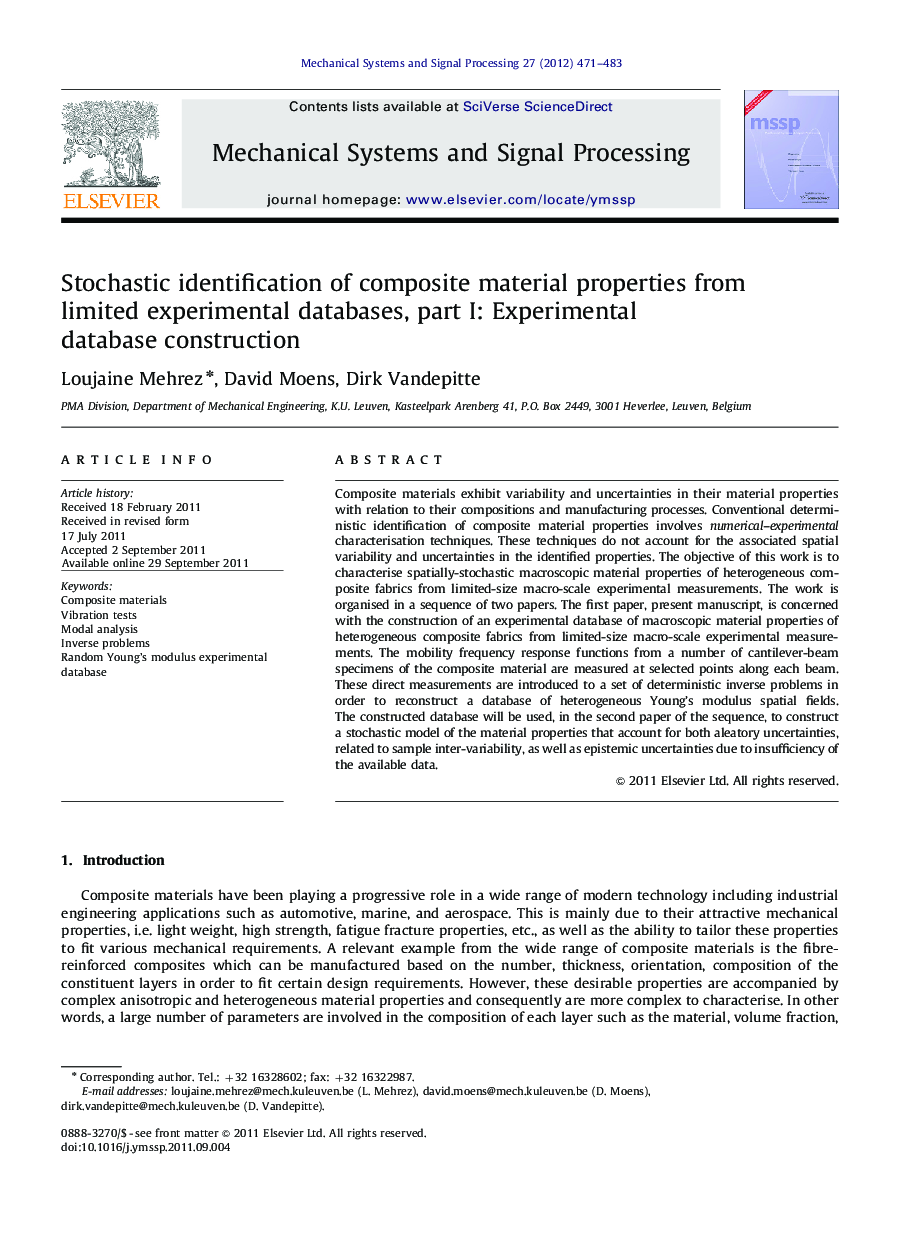 Stochastic identification of composite material properties from limited experimental databases, part I: Experimental database construction