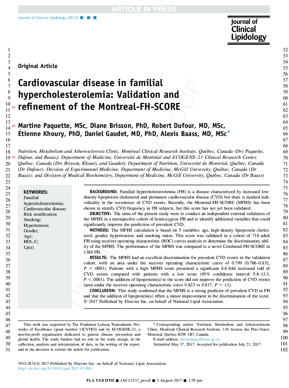 Cardiovascular disease in familial hypercholesterolemia: Validation and refinement of the Montreal-FH-SCORE
