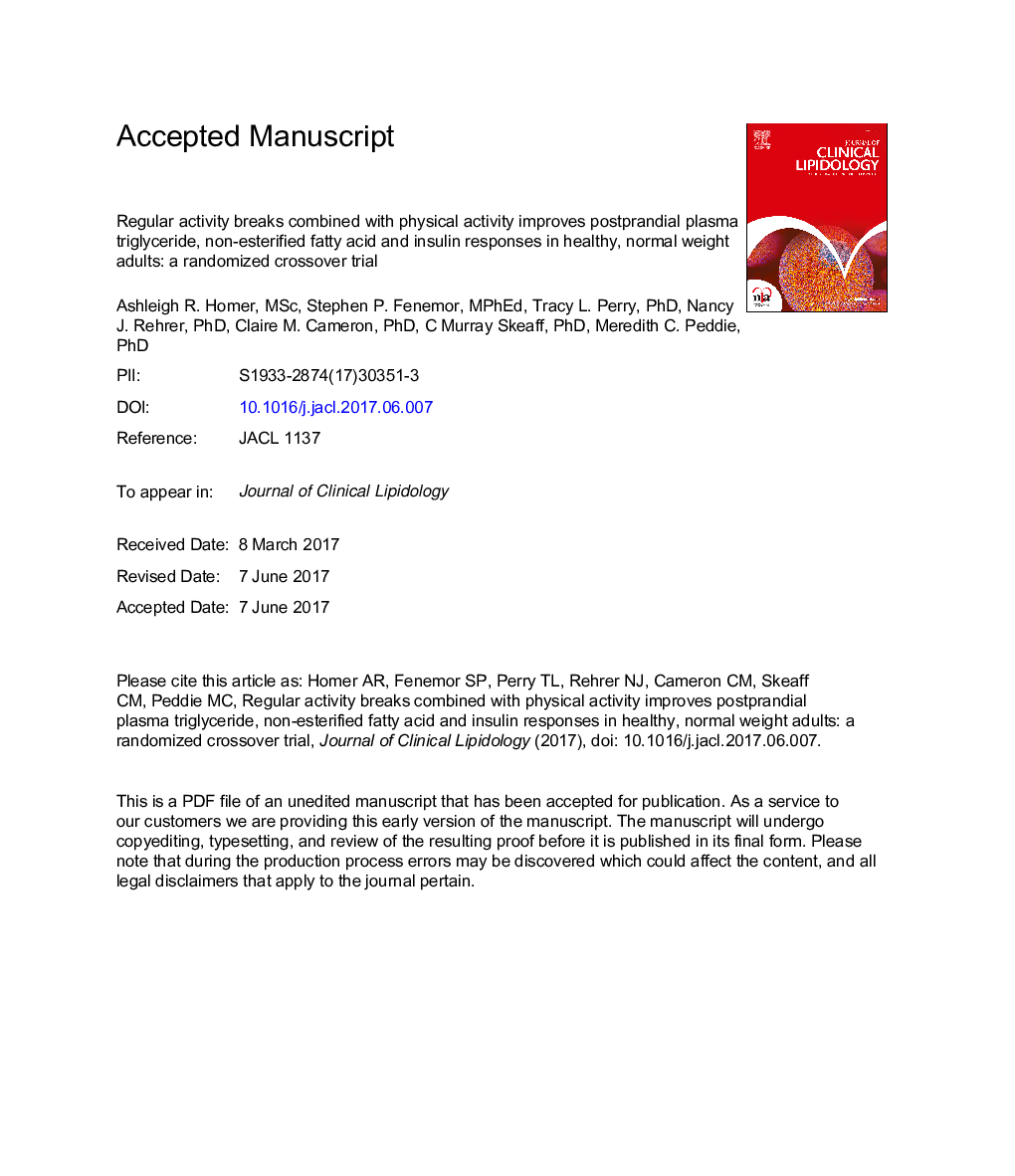 Regular activity breaks combined with physical activity improve postprandial plasma triglyceride, nonesterified fatty acid, and insulin responses in healthy, normal weight adults: A randomized crossover trial