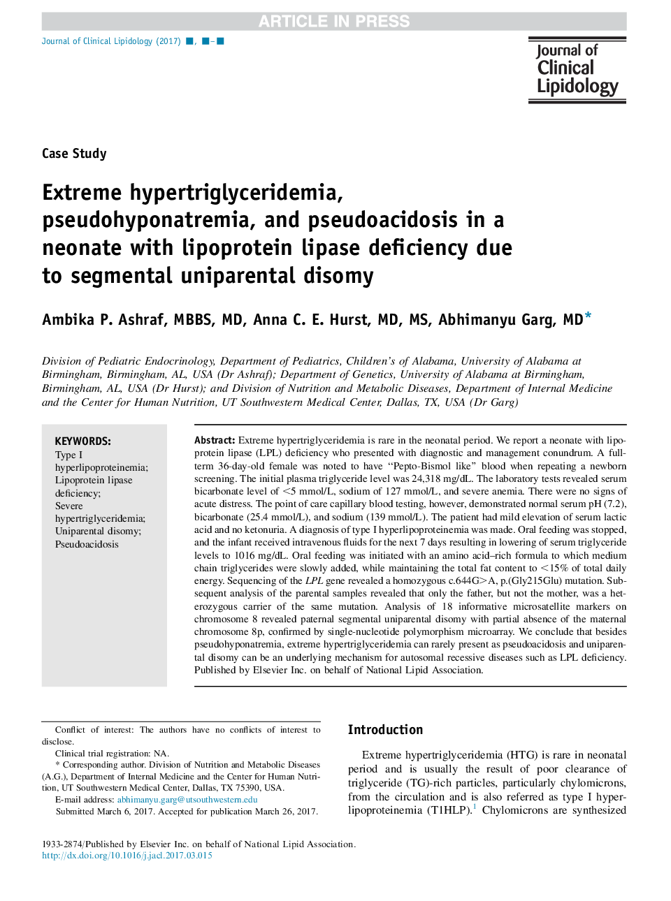 Extreme hypertriglyceridemia, pseudohyponatremia, and pseudoacidosis in a neonate with lipoprotein lipase deficiency due to segmental uniparental disomy