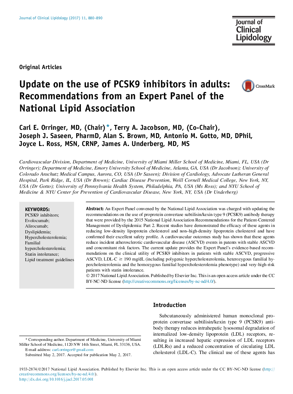 Update on the use of PCSK9 inhibitors in adults: Recommendations from an Expert Panel of the National Lipid Association