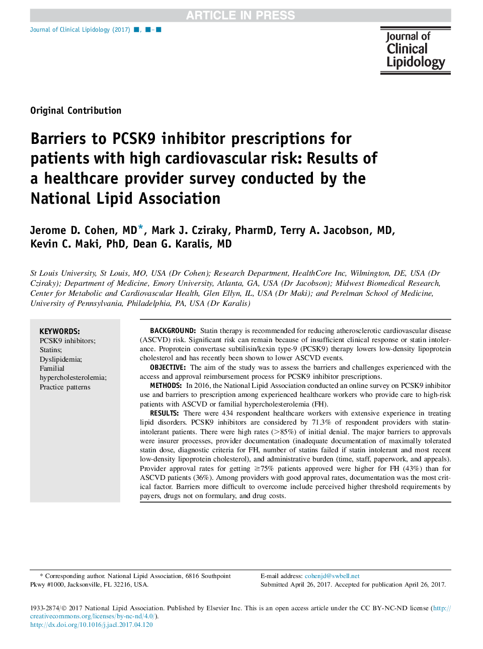 Barriers to PCSK9 inhibitor prescriptions for patients with high cardiovascular risk: Results of a healthcare provider survey conducted by the National Lipid Association