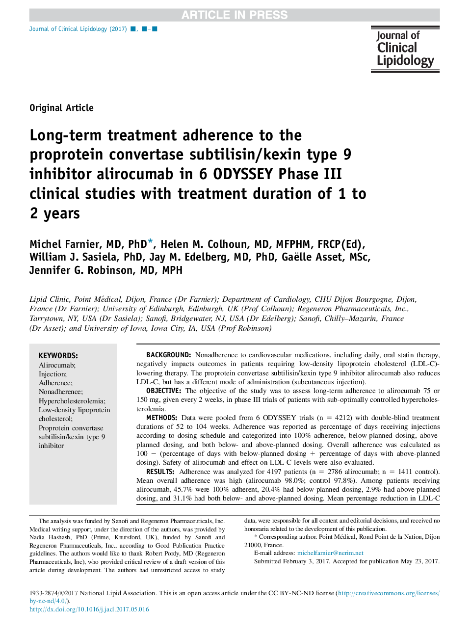 Long-term treatment adherence to the proprotein convertase subtilisin/kexin type 9 inhibitor alirocumab in 6 ODYSSEY Phase III clinical studies with treatment duration of 1 to 2Â years