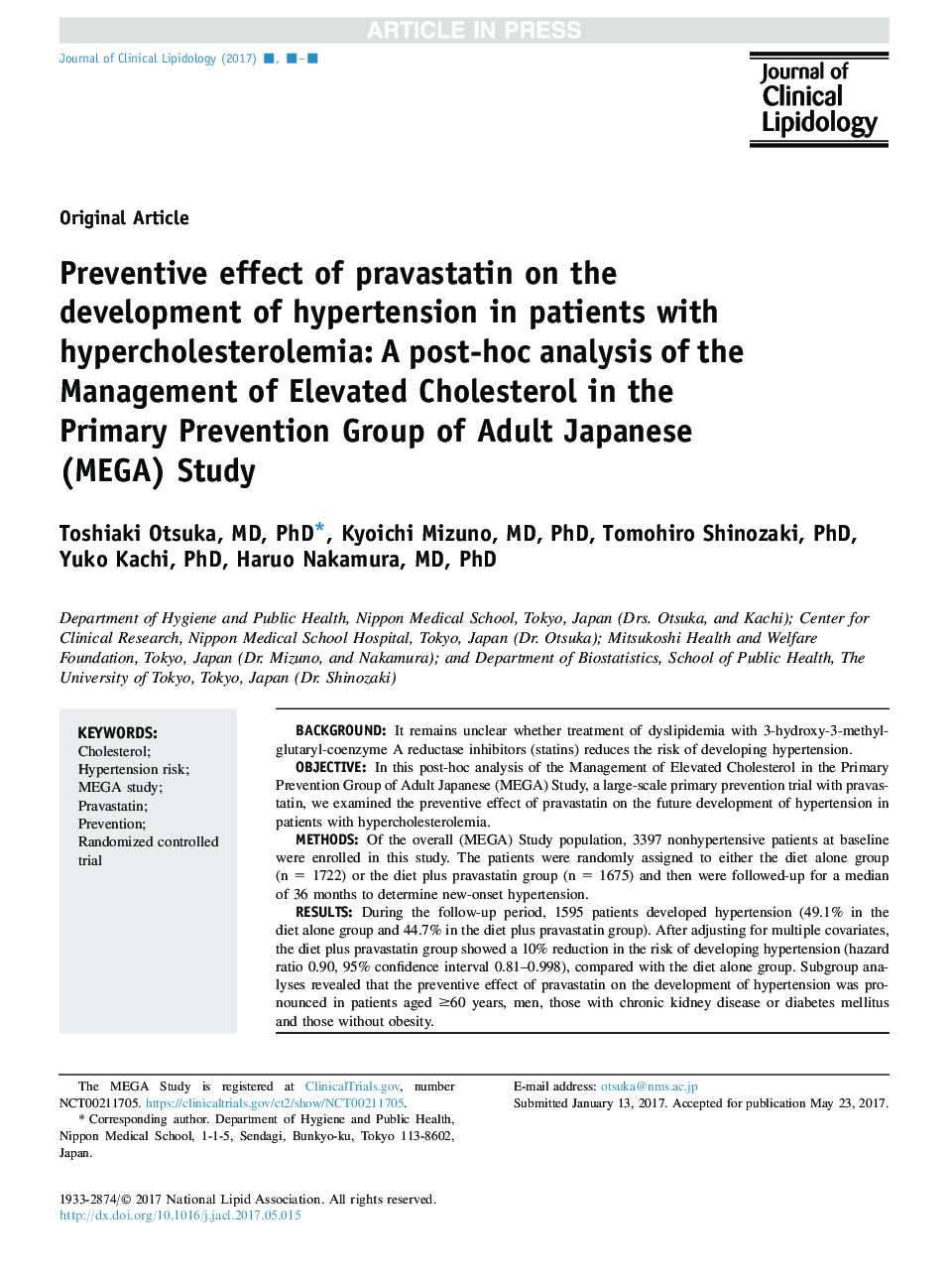 Preventive effect of pravastatin on the development of hypertension in patients with hypercholesterolemia: A post-hoc analysis of the Management of Elevated Cholesterol in the Primary Prevention Group of Adult Japanese (MEGA) Study