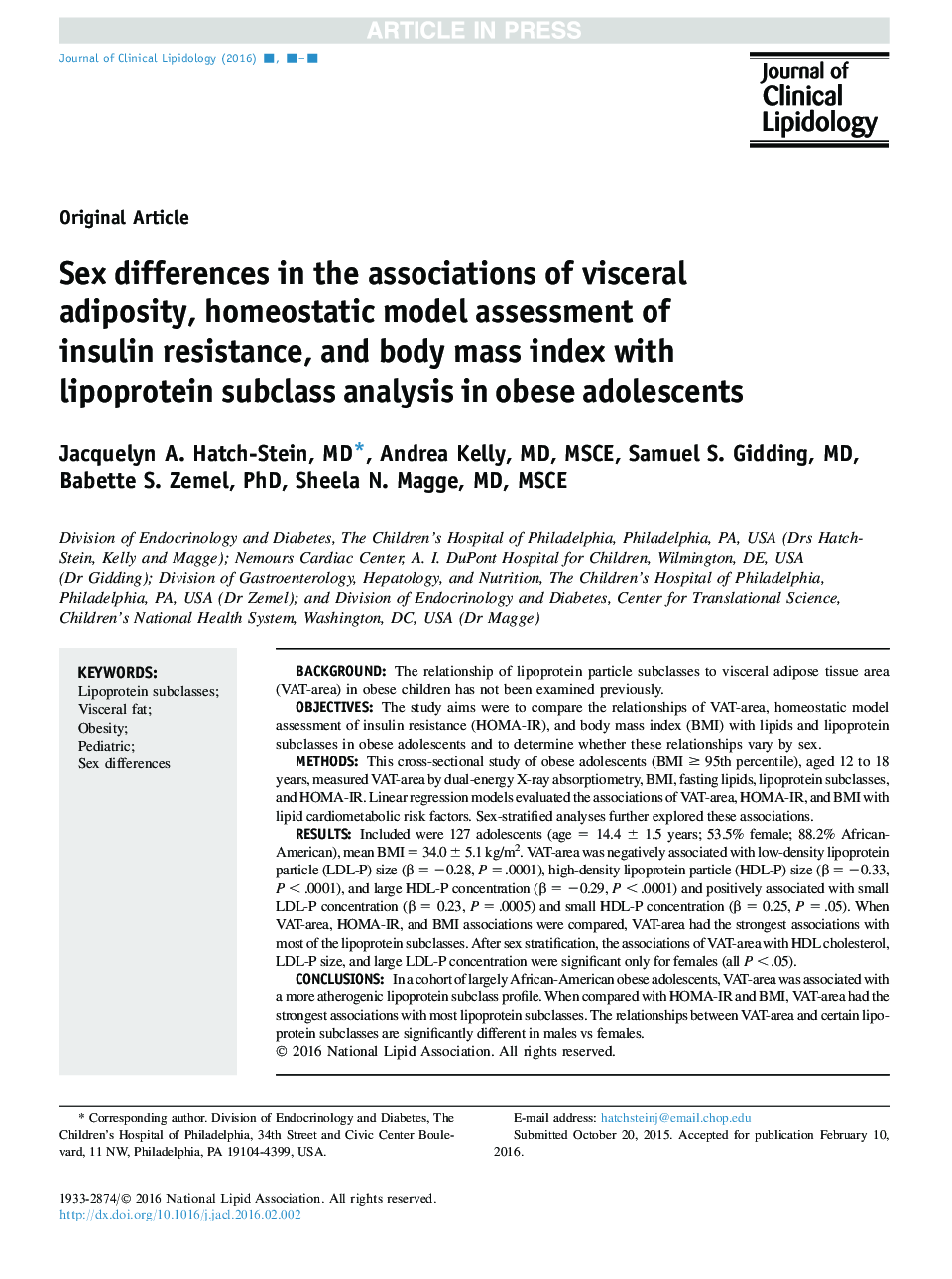 Sex differences in the associations of visceral adiposity, homeostatic model assessment of insulin resistance, and body mass index with lipoprotein subclass analysis in obese adolescents