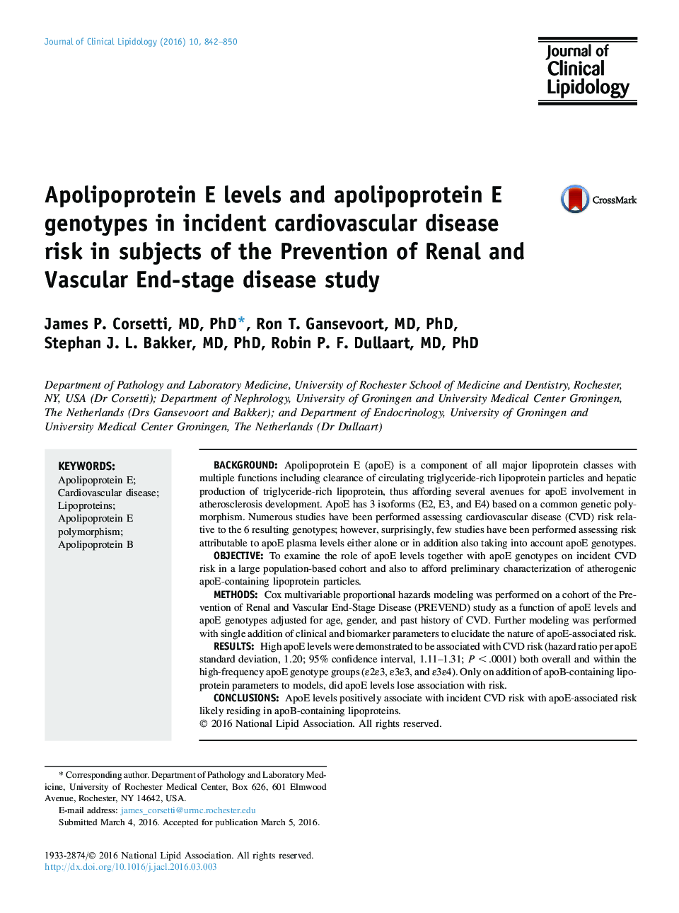 Original ArticleApolipoprotein E levels and apolipoprotein E genotypes in incident cardiovascular disease risk in subjects of the Prevention of Renal and Vascular End-stage disease study