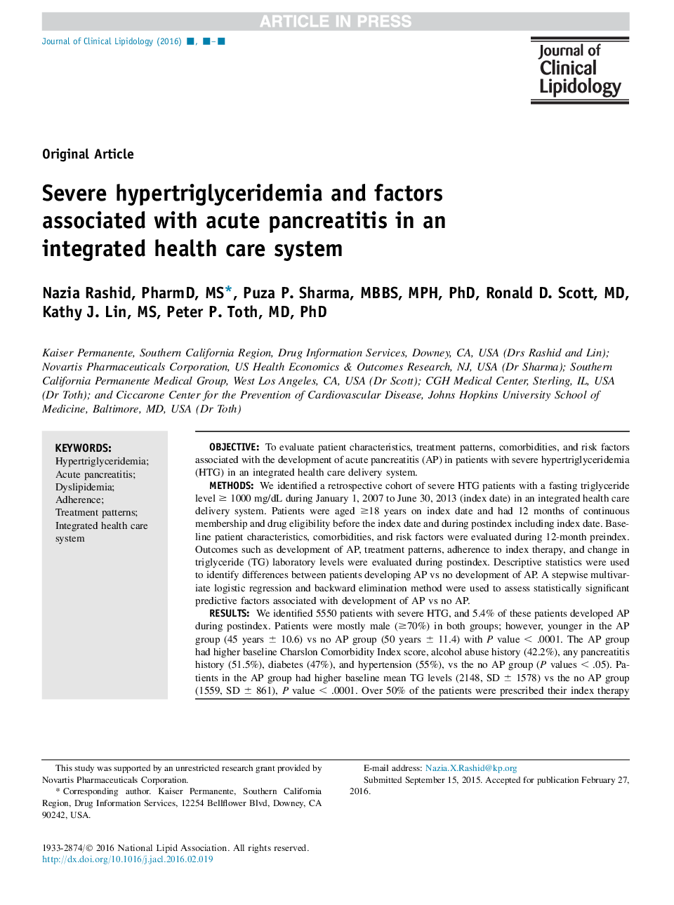 Severe hypertriglyceridemia and factors associated with acute pancreatitis in an integrated health care system