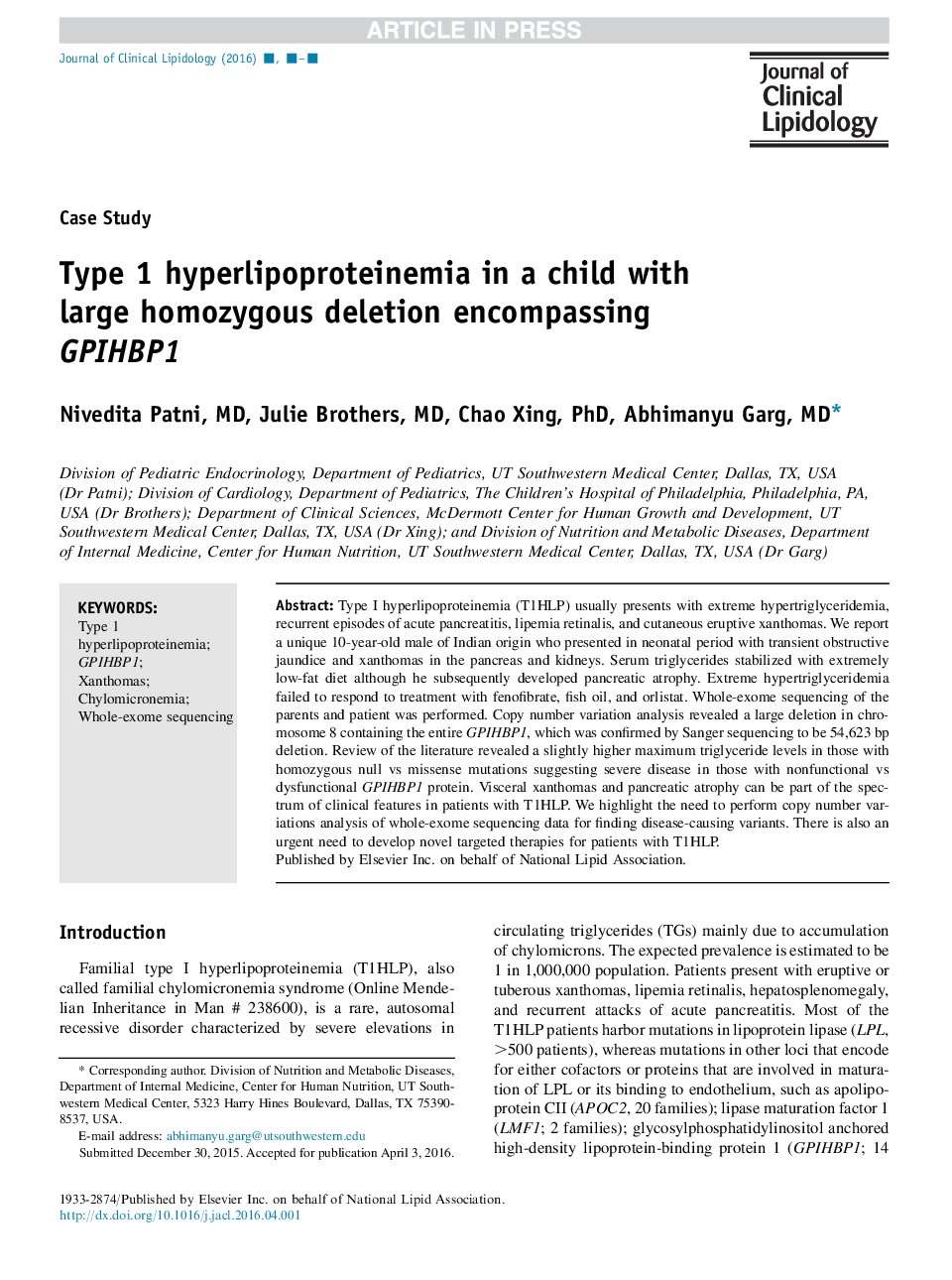 Type 1 hyperlipoproteinemia in a child with large homozygous deletion encompassing GPIHBP1