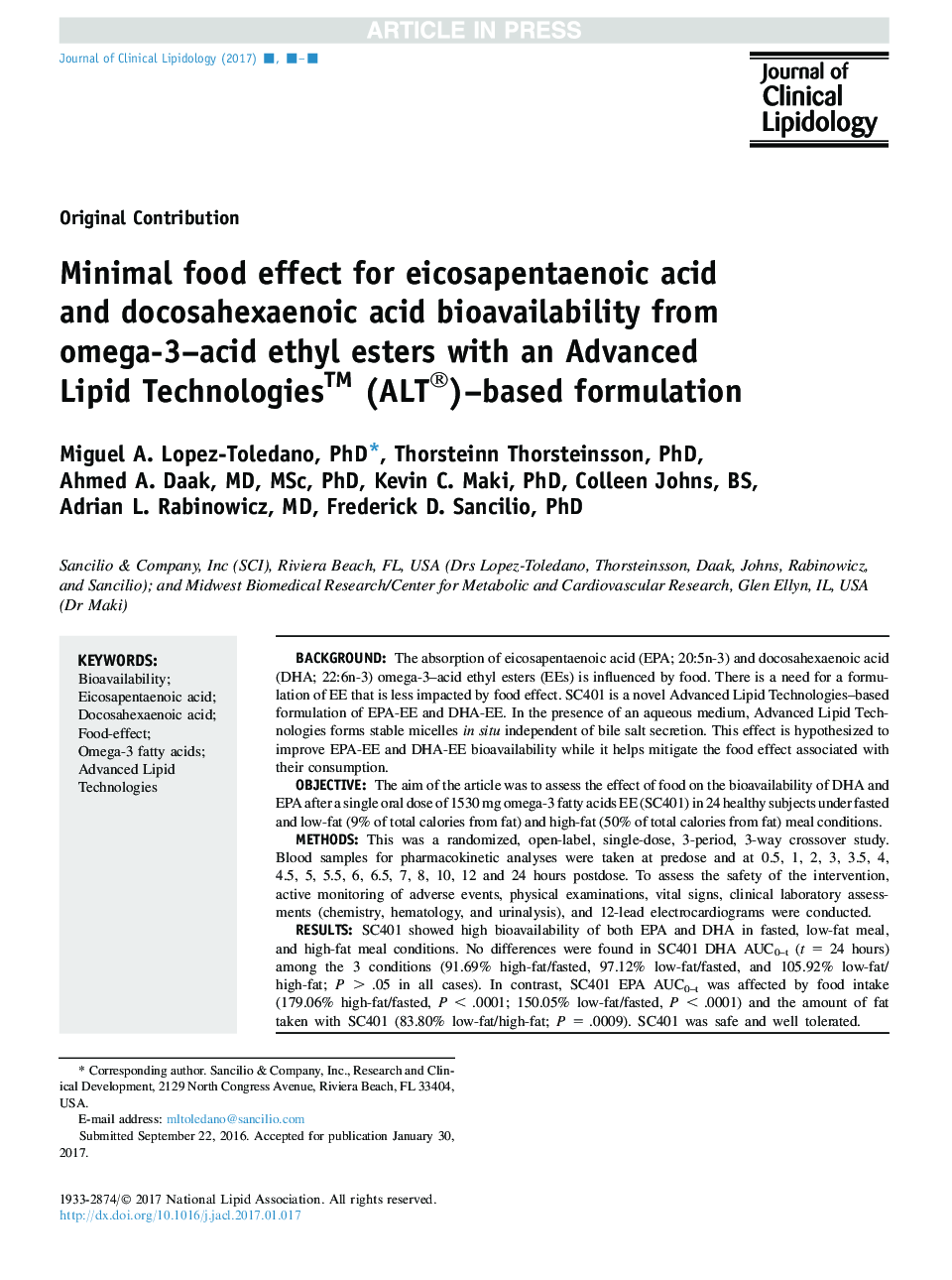 Minimal food effect for eicosapentaenoic acid and docosahexaenoic acid bioavailability from omega-3-acid ethyl esters with an Advanced Lipid TechnologiesTM (ALT®)-based formulation