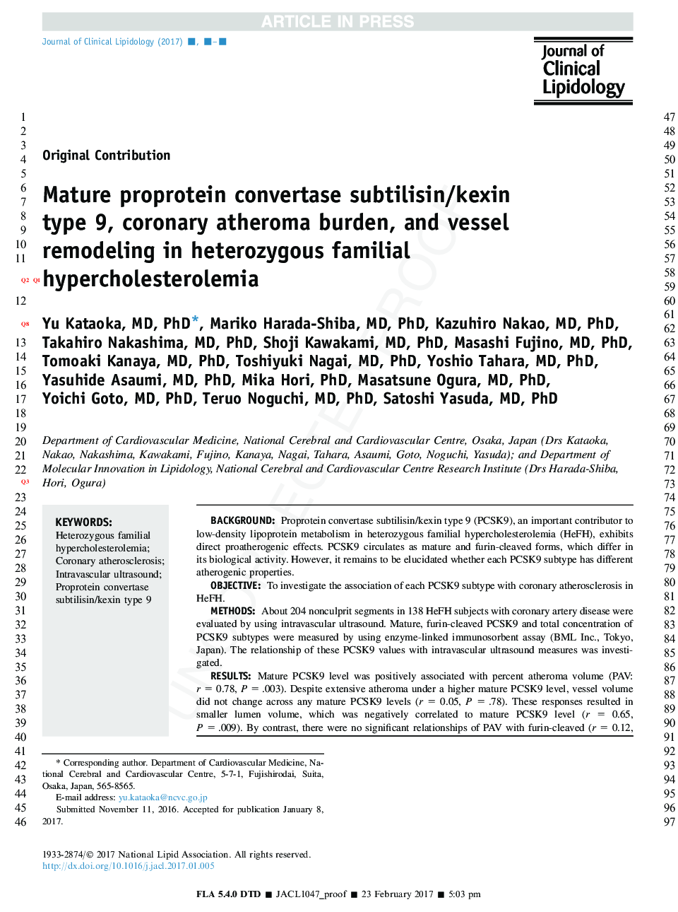 Mature proprotein convertase subtilisin/kexin type 9, coronary atheroma burden, and vessel remodeling in heterozygous familial hypercholesterolemia