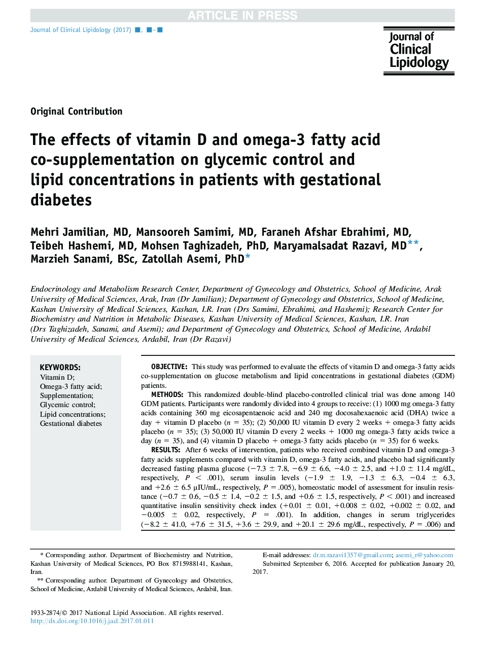 The effects of vitamin D and omega-3 fatty acid co-supplementation on glycemic control and lipid concentrations in patients with gestational diabetes