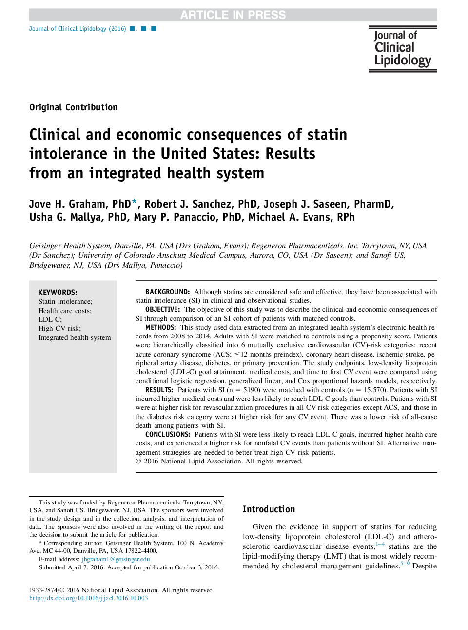 Clinical and economic consequences of statin intolerance in the United States: Results from an integrated health system