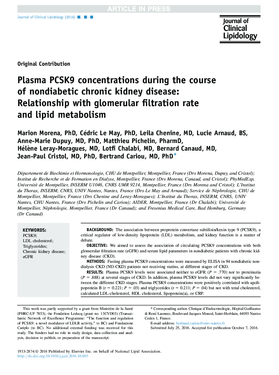 Plasma PCSK9 concentrations during the course of nondiabetic chronic kidney disease: Relationship with glomerular filtration rate and lipid metabolism
