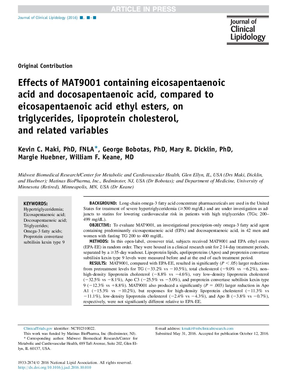 Effects of MAT9001 containing eicosapentaenoic acid and docosapentaenoic acid, compared to eicosapentaenoic acid ethyl esters, on triglycerides, lipoprotein cholesterol, and related variables