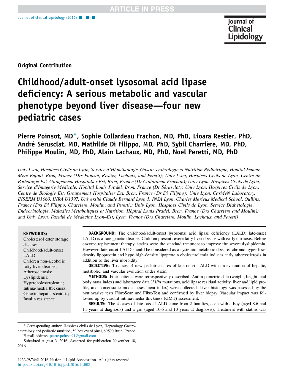 Childhood/adult-onset lysosomal acid lipase deficiency: A serious metabolic and vascular phenotype beyond liver disease-four new pediatric cases