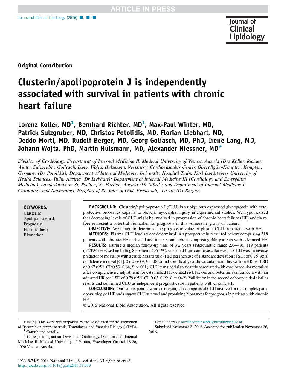 Clusterin/apolipoprotein J is independently associated with survival in patients with chronic heart failure